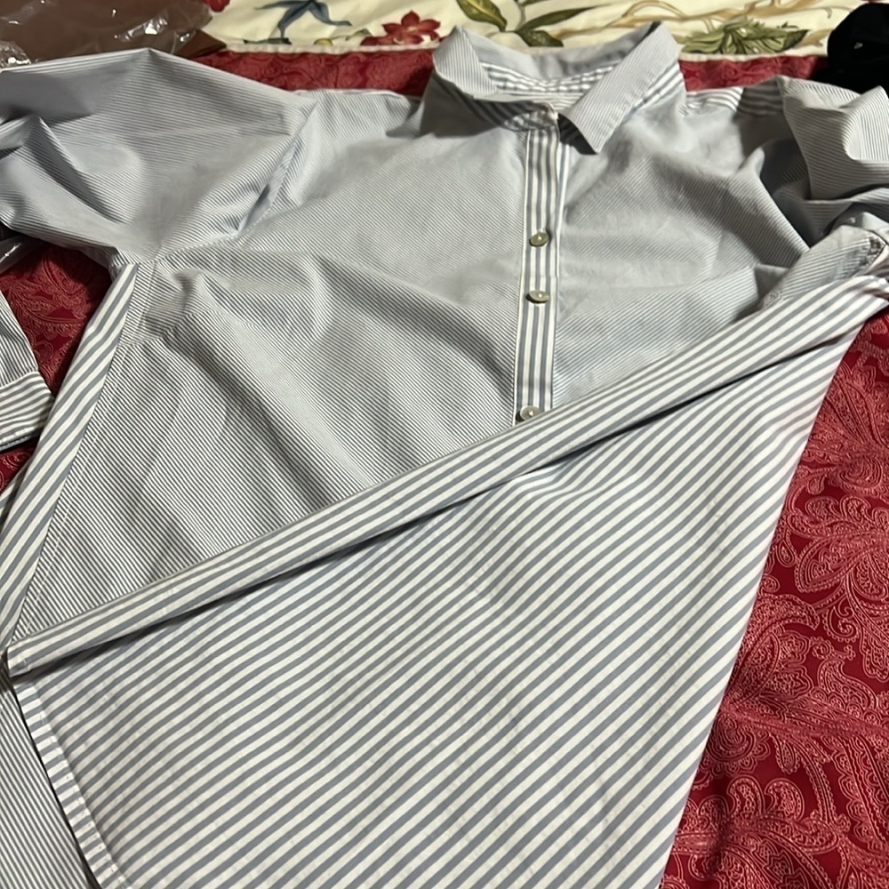J.JILL classic button up tunic. Gray /white stripe. Size medium. - Picture 7 of 9